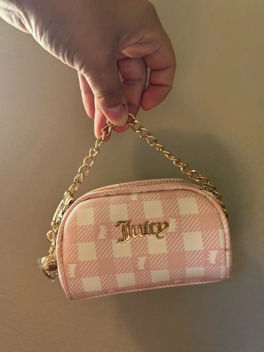 Juicy Couture Pink & Cream Check Wristlet with Gold Chain